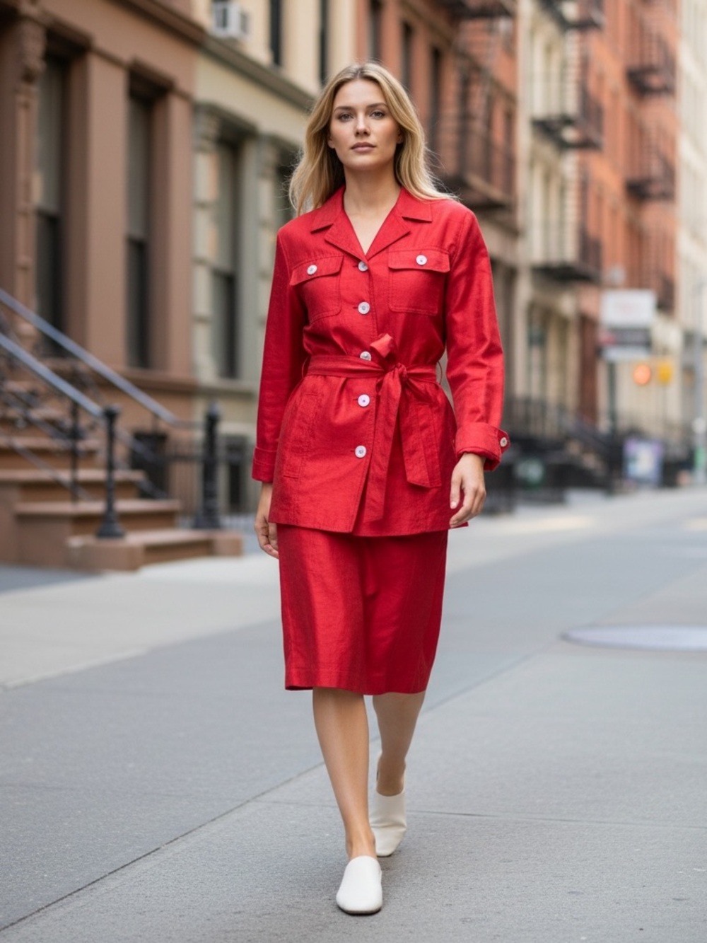 RICKIE FREEMAN For Teri Jon Nites Party Red 100% Ramie Silk Skirt Suit SIZE 4